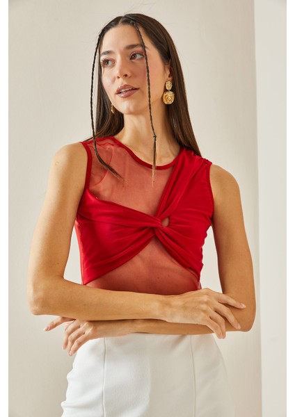 Kırmızı Transparan Detaylı Crop Bluz 5YXK2-48609-04 fırsatları