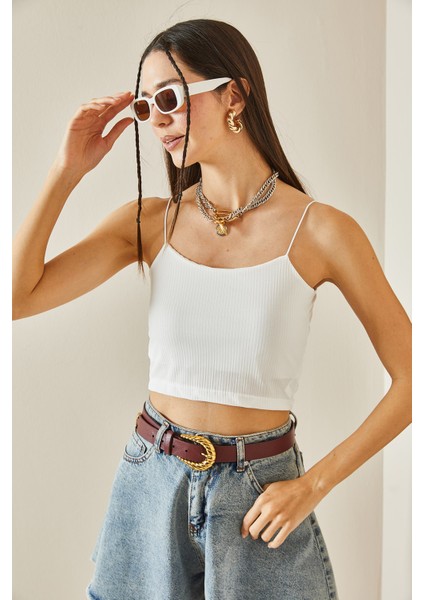 Beyaz Ince Askılı Fitilli Crop Bluz 5YXK2-48624-01 fiyatları