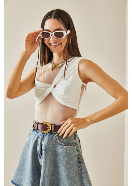 Beyaz Transparan Detaylı Crop Bluz 5YXK2-48609-01 indirimleri