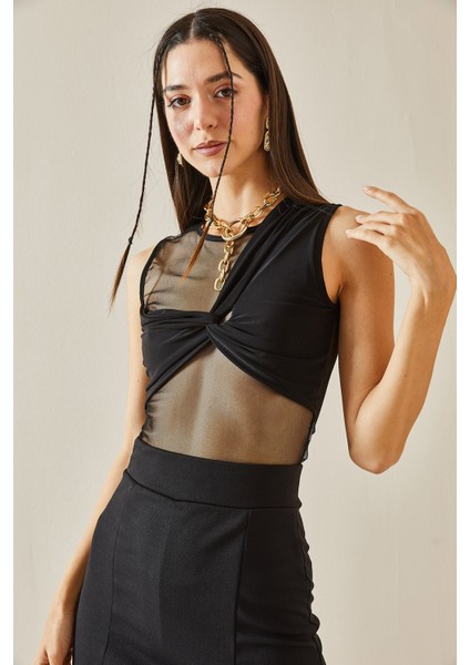Siyah Transparan Detaylı Crop Bluz 5YXK2-48609-02 modelleri