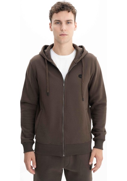 Erkek Regular Fit 3 İplik Şardonlu Tam Fermuar Kapüşonlu Cepli Sweatshirt K26324649801