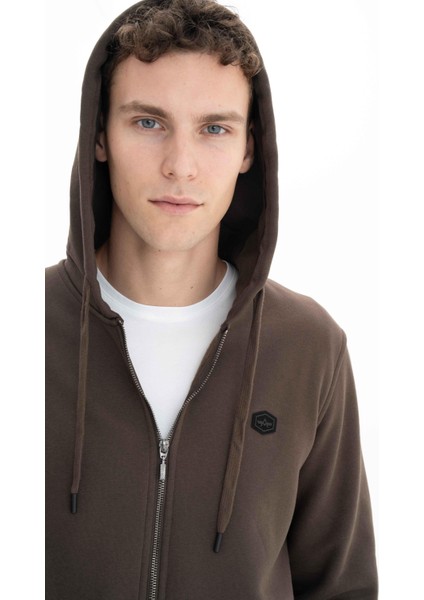 Erkek Regular Fit 3 İplik Şardonlu Tam Fermuar Kapüşonlu Cepli Sweatshirt K26324649801