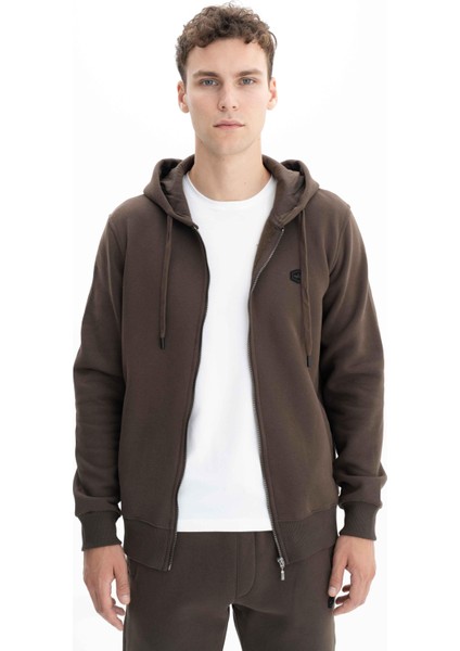 Erkek Regular Fit 3 İplik Şardonlu Tam Fermuar Kapüşonlu Cepli Sweatshirt K26324649801