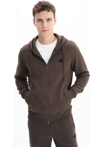 Erkek Regular Fit 3 İplik Şardonlu Tam Fermuar Kapüşonlu Cepli Sweatshirt K26324649801