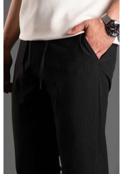 Erkek Siyah Çizgili Gofre Keten Pantolon fiyatları