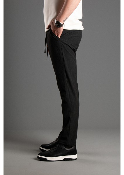 Erkek Siyah Çizgili Gofre Keten Pantolon modelleri