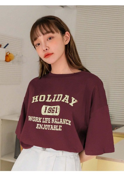 Kadın Bordo Holiday Baskılı Oversize T-Shirt