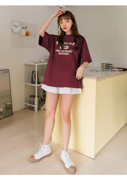 Kadın Bordo Holiday Baskılı Oversize T-Shirt indirimleri