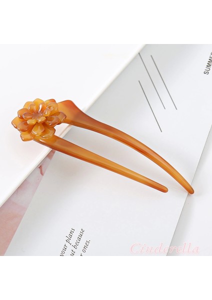 Amber Gradient Flower Fransız El Yapımı Lüks Kemik Topuz Tokası - Yeni Sezon Çubuk Saç Topuz Tokası
