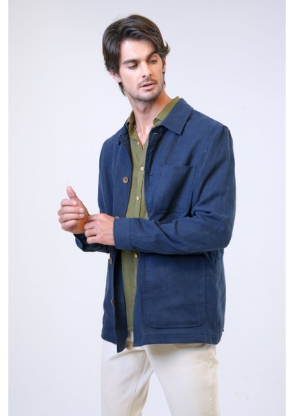 Lacivert Regular Fit Gömlek Yaka Keten Ceket