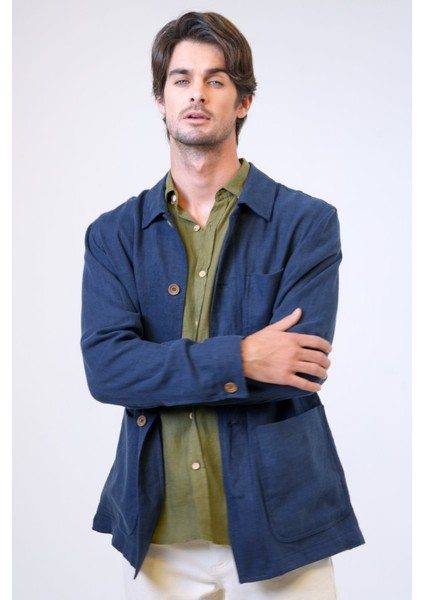 Lacivert Regular Fit Gömlek Yaka Keten Ceket fiyatları