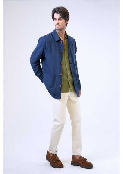 Lacivert Regular Fit Gömlek Yaka Keten Ceket modelleri