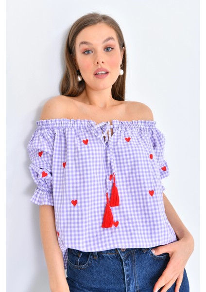 Lila Pötikare Yakası Fırfırlı Oversize Dokuma Bluz