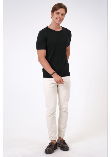 Siyah Regular Fit Küba Yaka Triko Tişört