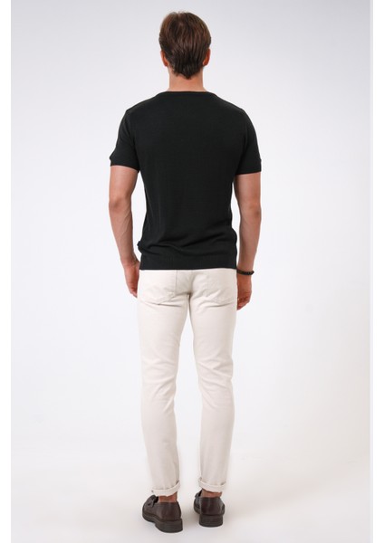 Siyah Regular Fit Küba Yaka Triko Tişört