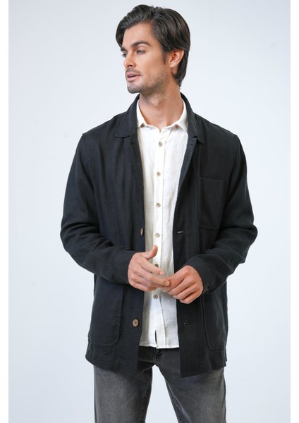 Siyah Regular Fit Gömlek Yaka Keten Ceket