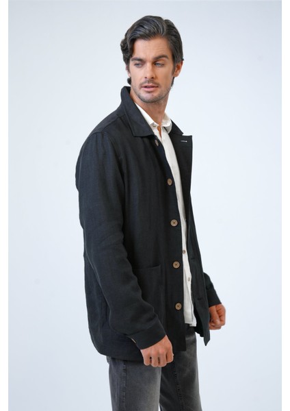 Siyah Regular Fit Gömlek Yaka Keten Ceket fiyatları