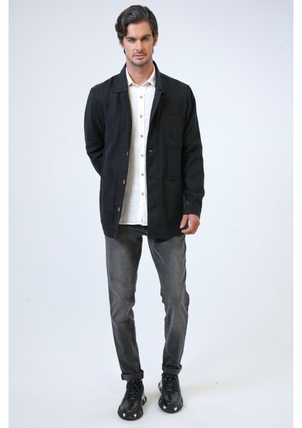 Siyah Regular Fit Gömlek Yaka Keten Ceket fırsatları