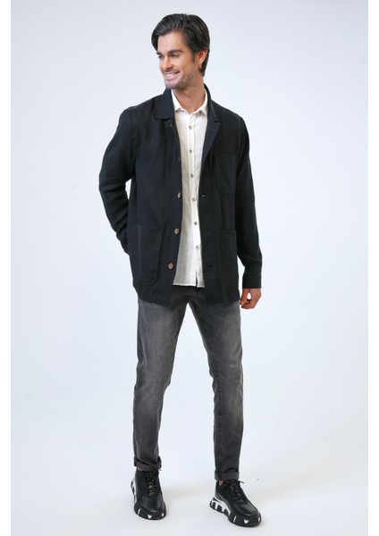 Siyah Regular Fit Gömlek Yaka Keten Ceket indirimleri