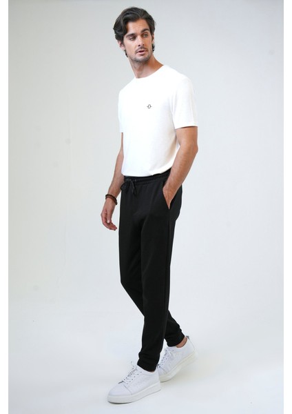 Siyah Regular Fit Pamuklu Beli Bağlamalı Jogger Pantolon
