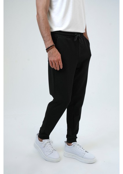 Siyah Regular Fit Pamuklu Beli Bağlamalı Jogger Pantolon