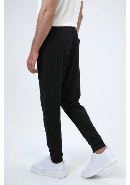 Siyah Regular Fit Pamuklu Beli Bağlamalı Jogger Pantolon