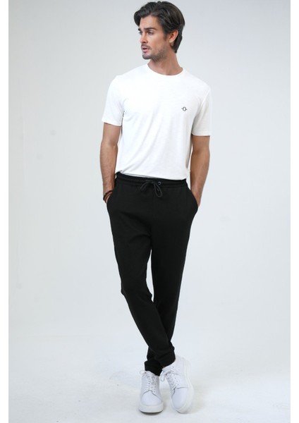 Siyah Regular Fit Pamuklu Beli Bağlamalı Jogger Pantolon