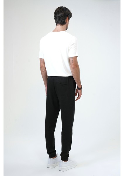 Siyah Regular Fit Pamuklu Beli Bağlamalı Jogger Pantolon