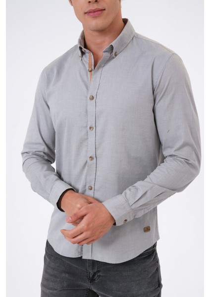 Gri Slim Fit %100 Pamuk Kolay Ütülenebilir Oxford Gömlek