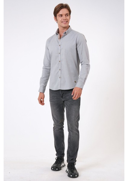 Gri Slim Fit %100 Pamuk Kolay Ütülenebilir Oxford Gömlek
