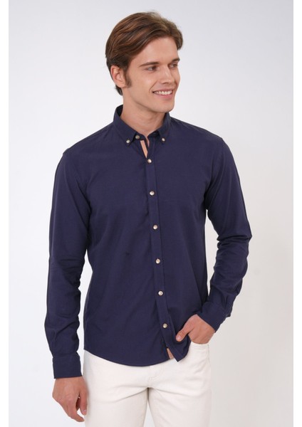 Lacivert Slim Fit %100 Pamuk Kolay Ütülenebilir Oxford Gömlek