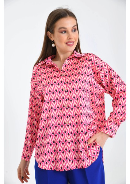 Fuşya Desenli Oversize Uzun Kol Basic Saten Gömlek