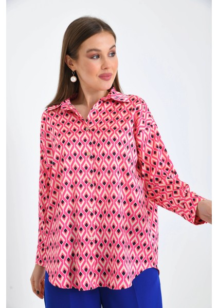 Fuşya Desenli Oversize Uzun Kol Basic Saten Gömlek modelleri