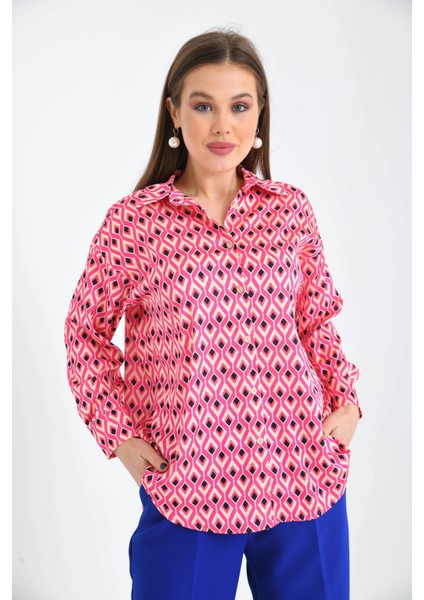 Fuşya Desenli Oversize Uzun Kol Basic Saten Gömlek fırsatları