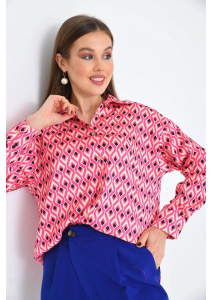 Fuşya Desenli Oversize Uzun Kol Basic Saten Gömlek indirimleri