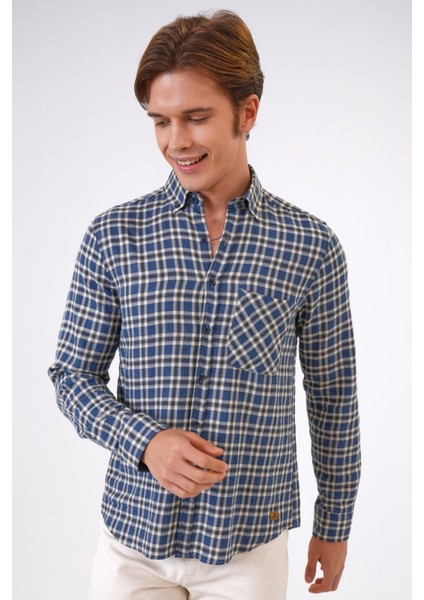 Lacivert Regular Fit Pamuklu Ekoseli Gömlek