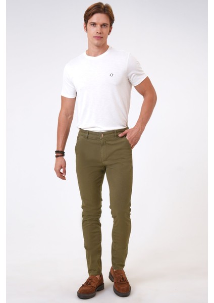 Yeşil Slim Fit Pamuklu Armürlü Chino Pantolon