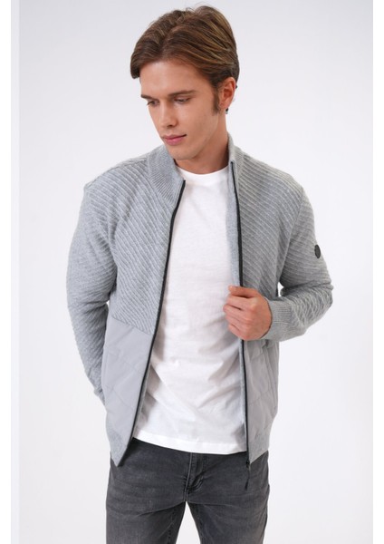 Gri Regular Fit Desenli Yumuşak Dokulu Fermuarlı Hırka