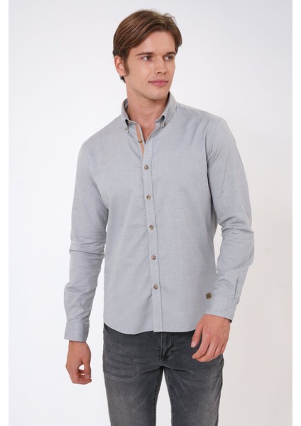Gri Slim Fit %100 Pamuk Kolay Ütülenebilir Oxford Gömlek