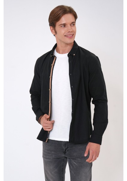 Siyah Slim Fit %100 Pamuk Kolay Ütülenebilir Oxford Gömlek