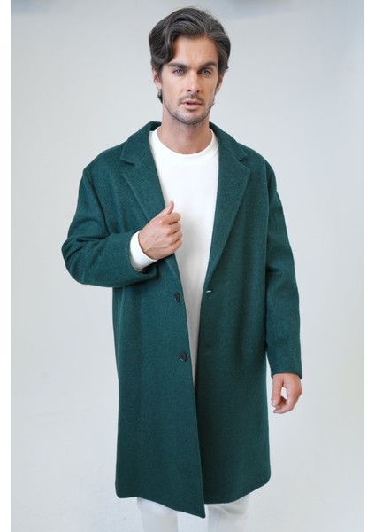 Koyu Yeşil Oversize Fit Yünlü Mono Yaka Kaşe Kaban