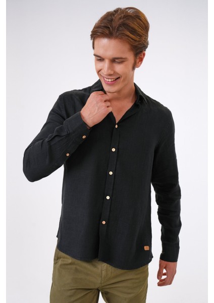 Siyah Regular Fit Keten Gömlek