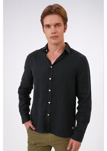 Siyah Regular Fit Keten Gömlek modelleri