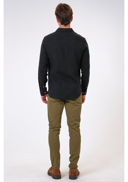 Siyah Regular Fit Keten Gömlek fırsatları