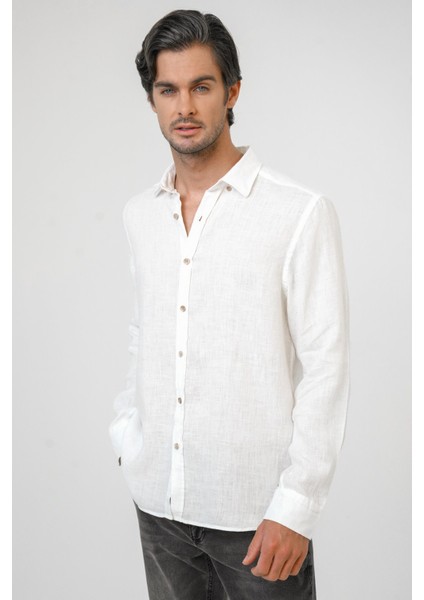 Beyaz Regular Fit Keten Gömlek