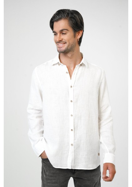 Beyaz Regular Fit Keten Gömlek