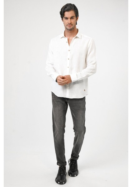 Beyaz Regular Fit Keten Gömlek