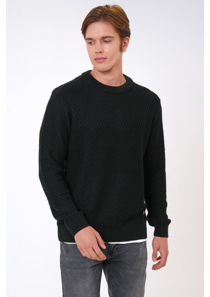 Siyah Regular Fit Yünlü Örgü Desenli Bisiklet Yaka Triko Kazak