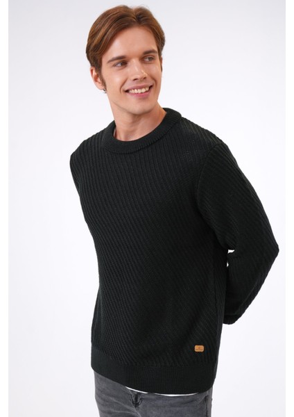 Siyah Regular Fit Yünlü Örgü Desenli Bisiklet Yaka Triko Kazak fiyatları