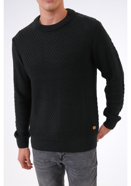 Siyah Regular Fit Yünlü Örgü Desenli Bisiklet Yaka Triko Kazak modelleri